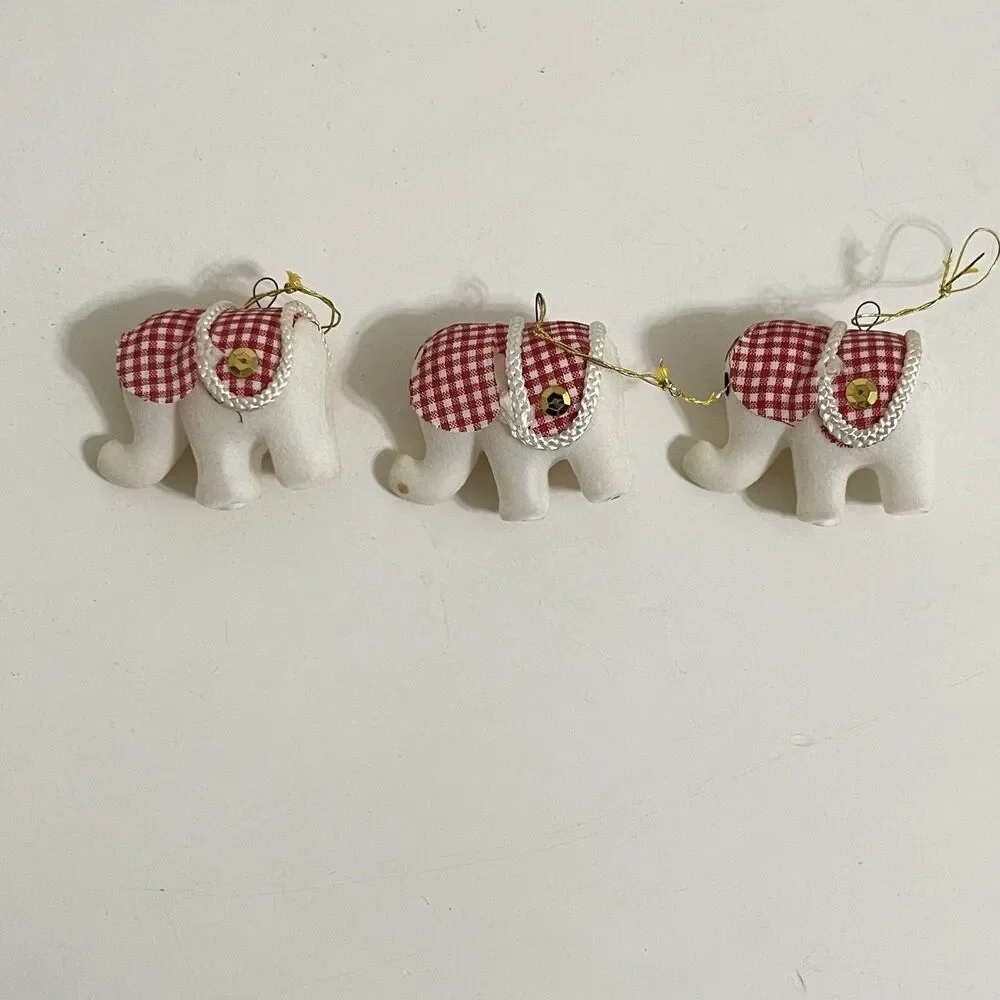 Vintage White Flocked Christmas Ornamants Japan Red Gingham Bear Mouse Elephant